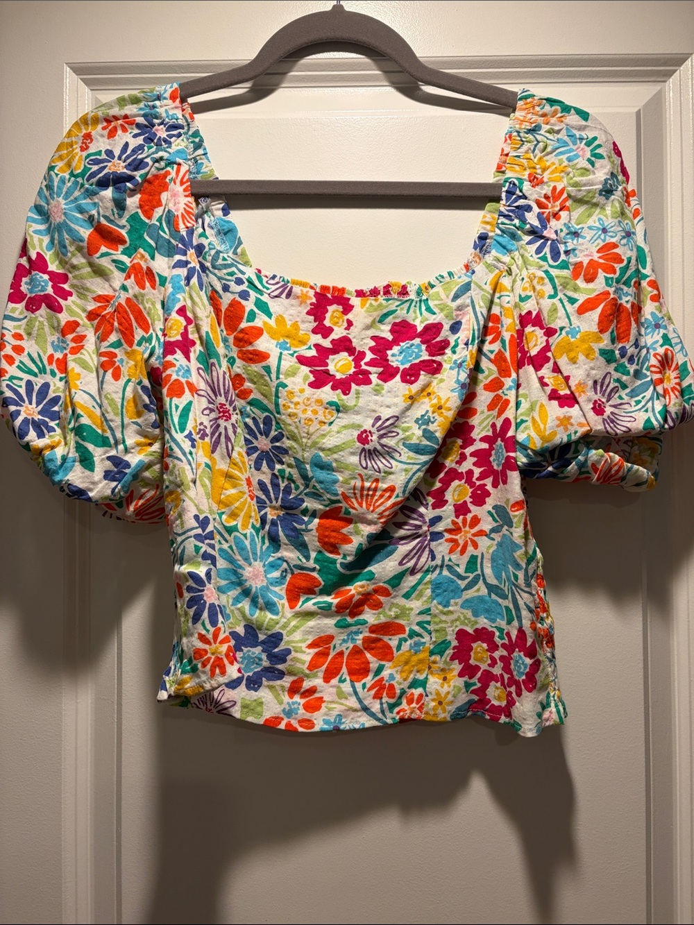 Floral Puff-Sleeve Square Neck Top - Multicolor
